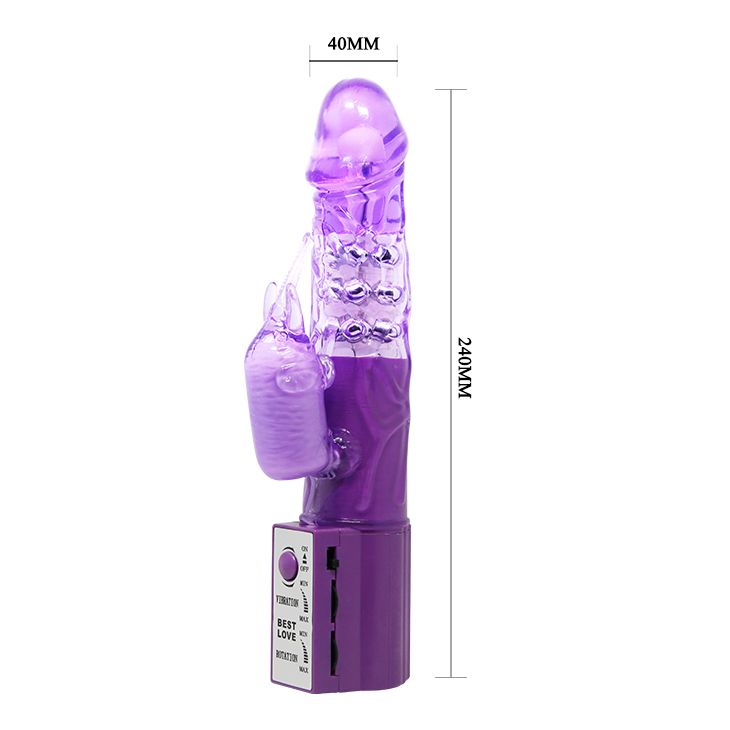 Фиолетовый вибратор с бусинами и клиторальным отростком - 24 см.